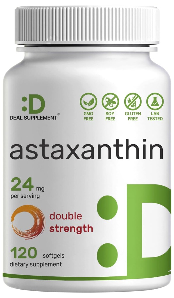 DEAL SUPPLEMENT Astaxanthin 24mg Per Serving (12mg Per Cap), 120 Softgels – Double Strength Microalgae – Antioxidant Supplements for Skin, Eyes, Joints & Immune Support – Non-GMO