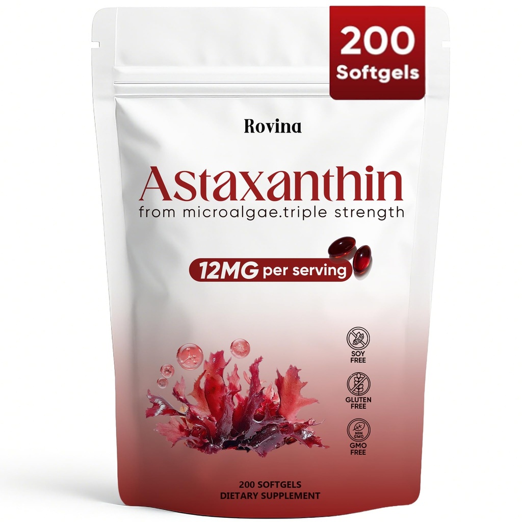 Rovina Ασταξανθίνη 12mg, Ασταξανθίνη Αντιοξειδωτικά Συμπληρώματα για ανοσοποιητικά, Μάτια, Δερμάτινα Υποστηρίγματα, Μη ΓΤΟ & Χωρίς Γλουτένη - 200 Softgels