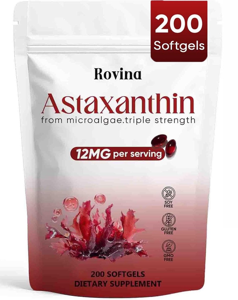 Rovina Astaxanthin 12mg, Astaxanthin Antioxidant Supplements for Immune, Eye, Skin Supports, Non-GMO & Gluten Free - 200 Softgels