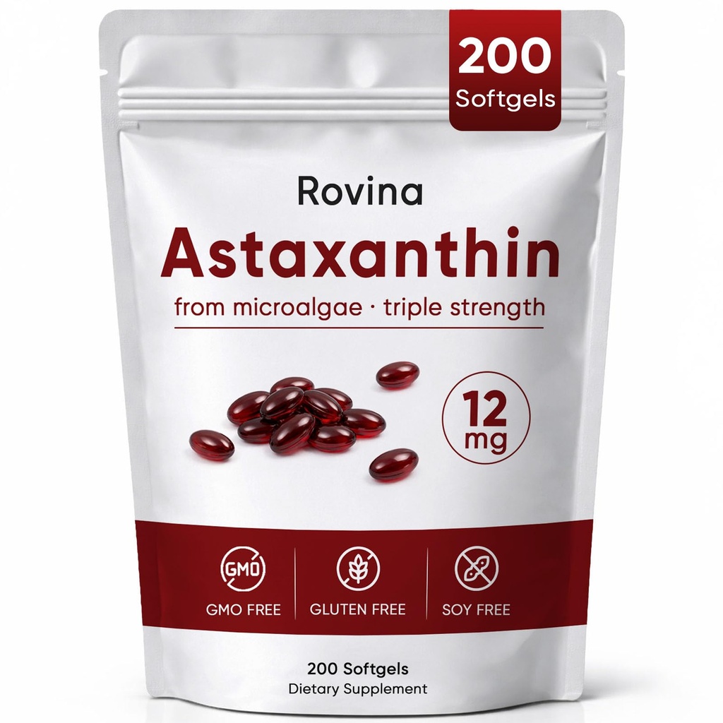 Rovina Astaxanthin 12mg Softgels, Αντιοξειδωτικό συμπλήρωμα για την καθημερινή ευεξία, ανοσοποιητικό, μάτι & υποστήριξη του δέρματος, κοινή, εσωτερική κυκλοφορία, μη ΓΤΟ, χωρίς γλουτένη - 200 Softgels (1)