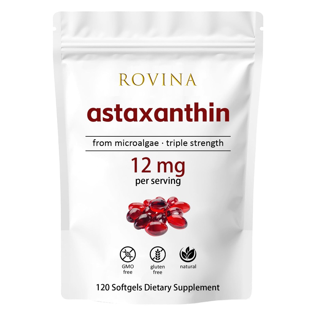Rovina Astaxanthin 12mg Softgels • Powerful Natural Antioxidant to Support Eye Comfort, Skin Vitality & Immune Health • Gluten Free • 120 Grains