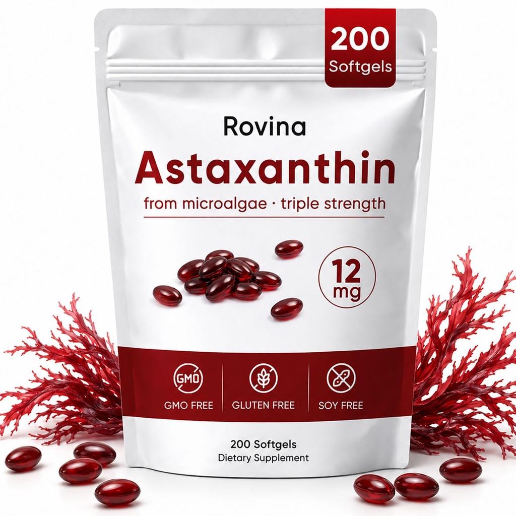 ROVINA Ασταξανθίνη 12mg Softgels, Αντιοξειδωτικό συμπλήρωμα Υποστηρίζει τα μάτια, το δέρμα, το ανοσοποιητικό, την κοινή, εσωτερική κυκλοφορία, μη ΓΤΟ & χωρίς γλουτένη - 200 Softgels
