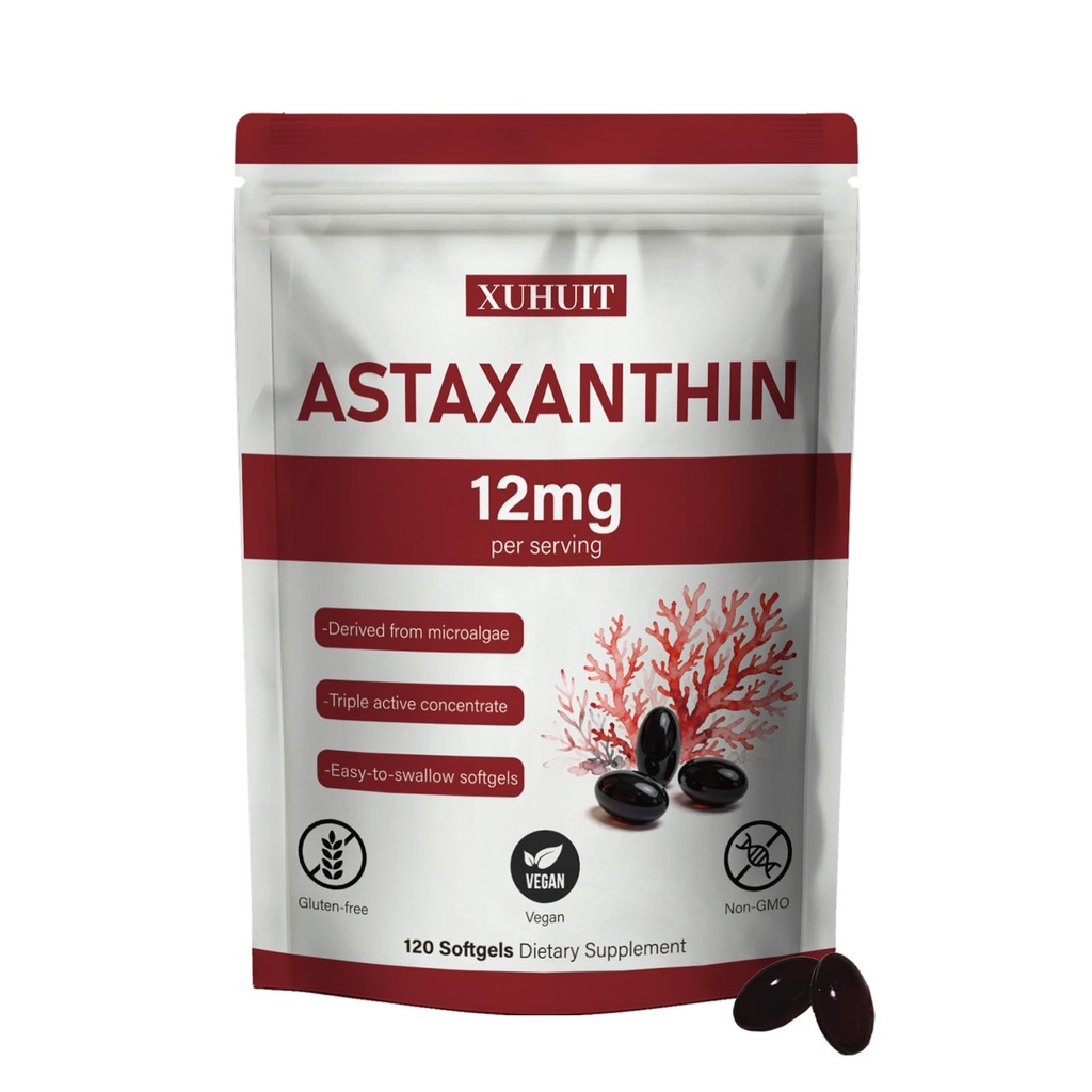 Astaxanthin Supplement 12mg, 120 Softgels | Premium Natural Astaxanthin Antioxidant from Microalgae | High Strength, Non-GMO, Gluten and Soy Free Formula (1)