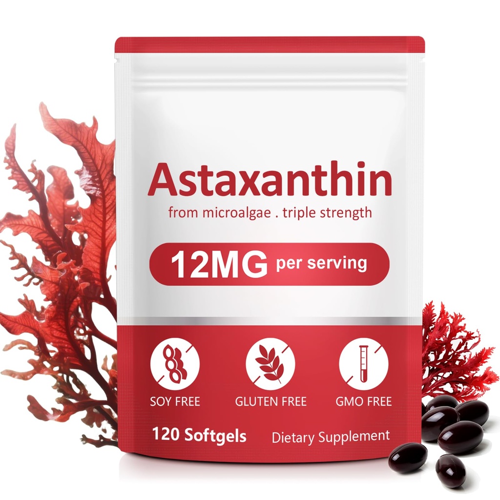 Ασταξανθίνη Συμπληρώματα, 12mg Ασταξανθίνη Φυσική Αντιγηραντική Φόρμουλα - Υποστηρίζει τα μάτια, κοινή, εσωτερική κυκλοφορία & υγεία του δέρματος, μη-GMO μη-Gluten