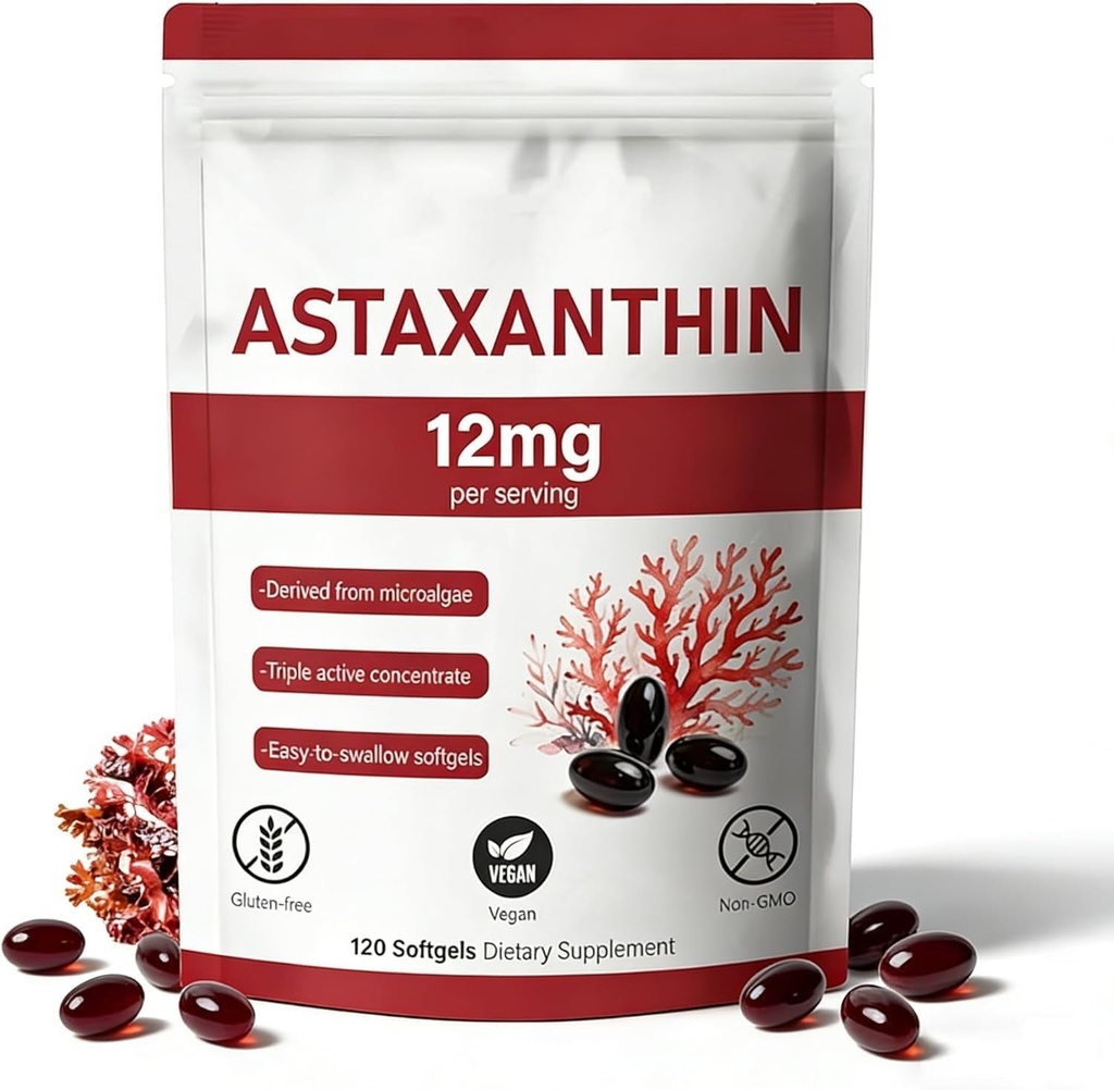 Astaxanthin 12mg, 120 Softgels, Natural Microalgae Source, Non-GMO Gluten-Free,4 Month Supply