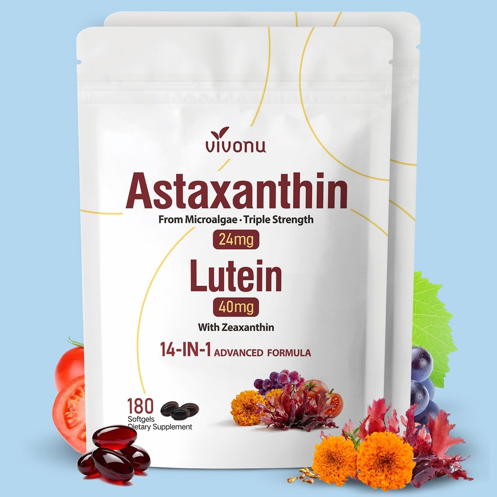 VivoNu 14-σε-1 Ασταξανθίνη 24mg & Λουτεΐνη 40mg με Συμπληρώματα Ζεαξανθίνης, 12μηνη προσφορά, 360 Softgels, 2 Τσάντα