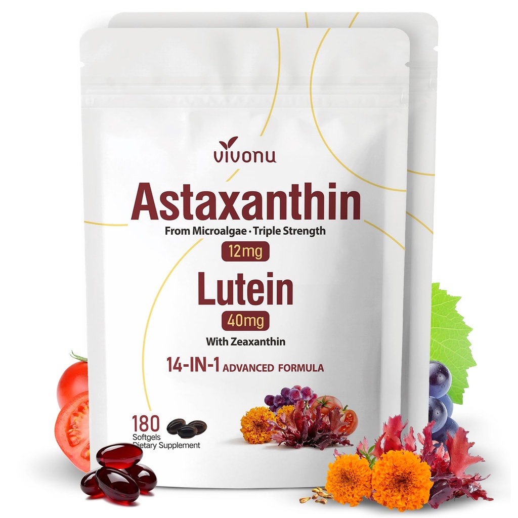 14-σε-1 Ασταξανθίνη 12mg & Lutein 40mg με Συμπληρώματα Ζεαξανθίνης, 12μηνη προσφορά, Φρέσκο μικροφύκη Πηγή, Υποστηρίζει τα μάτια, το δέρμα, Αντιοξειδωτικό, Κοινή, Κυκλοφορική Υγεία, Μη ΓΤΟ, Χωρίς Γλουτένη, 2 Τσάντα