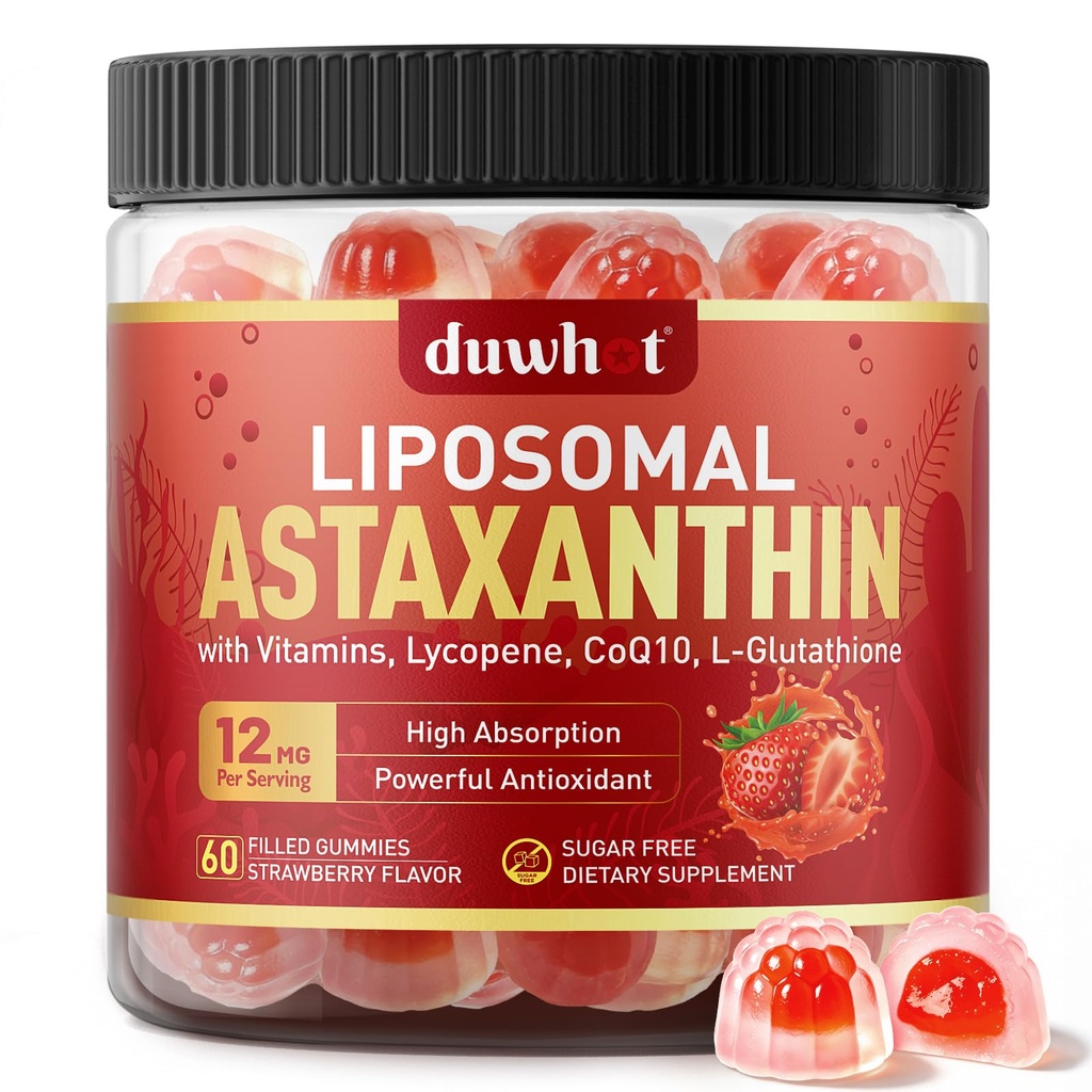Λιποσωμική Ασταξανθίνη Gummies, Οργανική Ασταξανθίνη 12mg Συμπληρώματα με Λυκοπένιο, Γλουταθειόνη για Ισχυρό Αντιοξειδωτικό, Συν Βιταμίνες & CoQ10 για την Υγεία των ματιών, του δέρματος & του ανοσοποιητικού, Χωρίς ζάχαρη, Vegan, 60