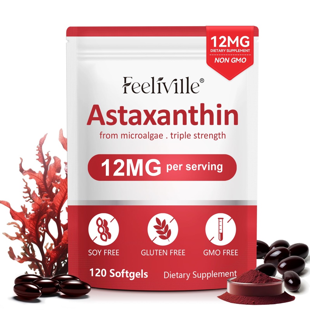 Συμπληρώματα ασταξανθίνης, Premium Ασταξανθίνη 12mg Αντιοξειδωτικό με Αντιοξειδωτική Δραστηριότητα, Υποστηρίζει Οφθαλμική, Κοινή, Ανοσοποιητική, Δερματική Υγεία, Εσωτερική Κυκλοφορία, 1Pack (120 Softgels), Μη ΓΤΟ & Χωρίς Γλουτένη