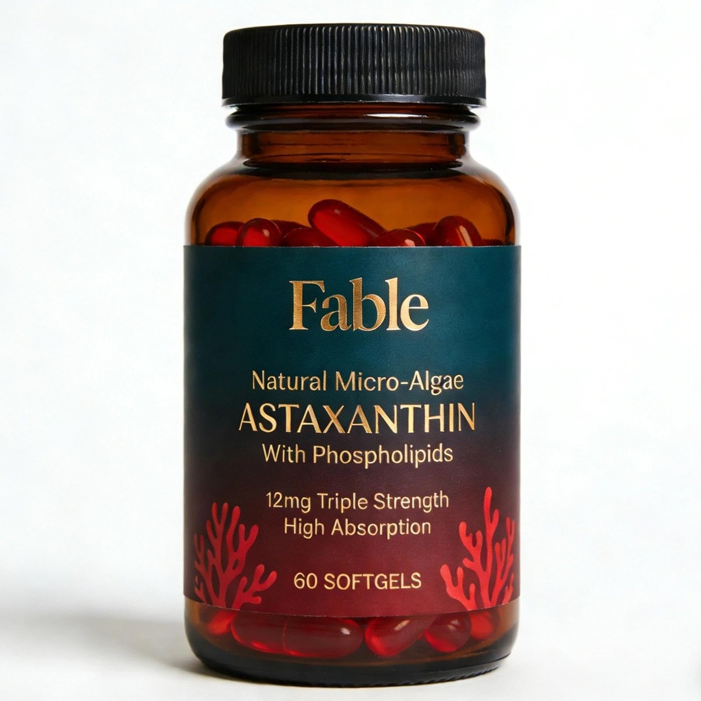 Fable Astaxanthin 12mg with Phospholipids - 5X Absorption, Natural Micro-Algae Sourced Antioxidant for Skin, Eye & Heart Health, 60 Count