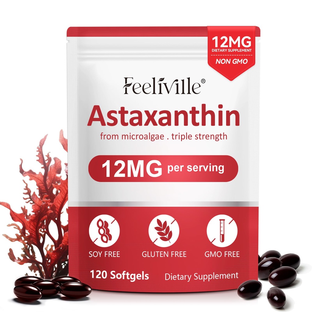 ABOUME Astaxanthin Supplements, Astaxanthin 12mg, Fresh Microalgae Source, Supports Eye, Immune, Skin Health, Internal Circulation | Non-GMO | No Gluten (1PCS)