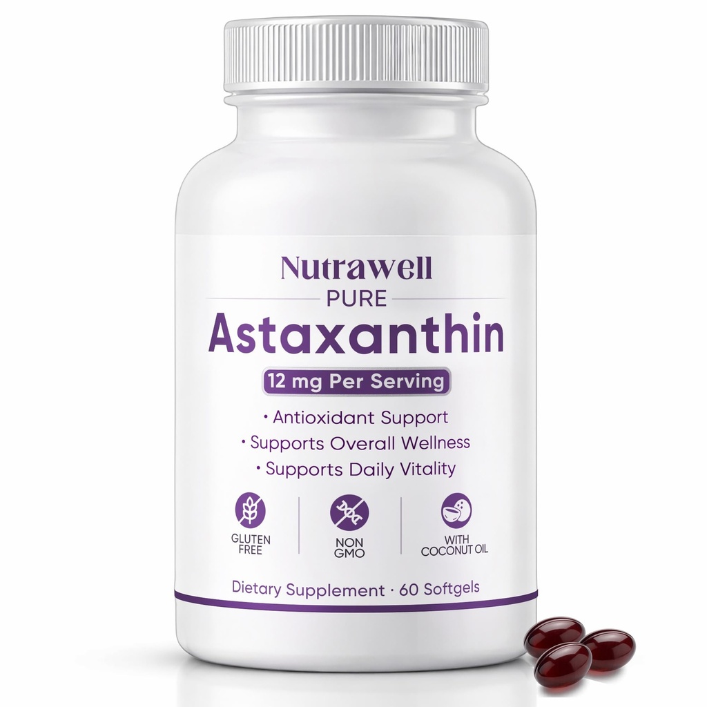 NutraWell Ασταξανθίνη 12mg, με λάδι καρύδας, αντιοξειδωτικό συμπλήρωμα υποστήριξης, μη ΓΤΟ, χωρίς γλουτένη, 60 Softgels