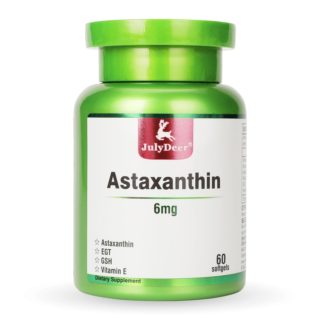 JulyDeer Ασταξανθίνη 6 mg ανά Σερβίρισμα, 60 Softgels – Μικροφύκη διπλής αντοχής – Φυσικός Αιματόκοκκος Πλούβιαλης Πηγή – Αντιοξειδωτικά συμπληρώματα για το δέρμα, τα μάτια, τις αρθρώσεις, & ανοσοποιητική υποστήριξη – Μη ΓΤΟ