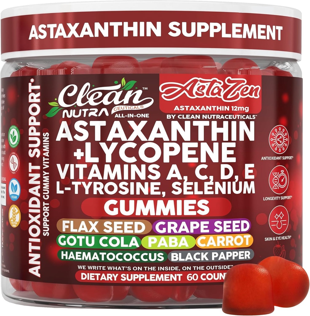 Καθαρά θρεπτικά συστατικά AstaZen Ασταξανθίνη Gummies 12mg - με Λυκοπένιο, Βιταμίνες A C D E, L-Τυροσίνη & Σελήνιο - Αντιοξειδωτική υποστήριξη Gummies - 60 κόμης