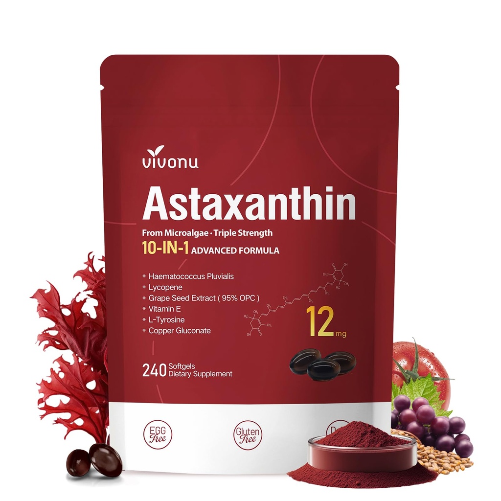 VivoNu Astaxanthin 12mg Supplements, 240 Softgels, Fresh Haematococcus Pluvialis 10 in 1 Astaxanthin Antioxidant Supplements, Supports Eye, Skin, Joint, Brain, Heart & Immune System Health