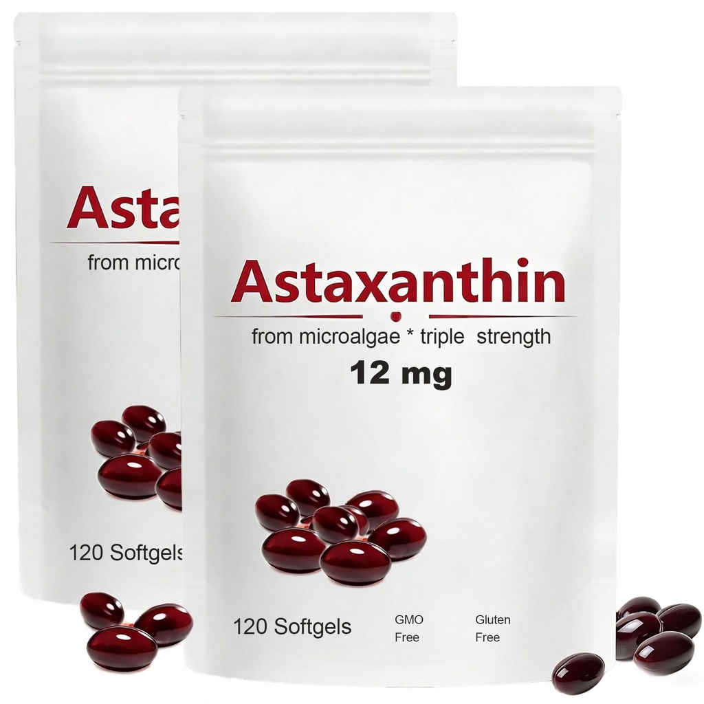 2συσκευασία Ασταξανθίνη 12mg, 120 Softgels, Max Δύναμη Αντιοξειδωτικό με Λάδι καρύδας, Φυσική Φόρμουλα, Υψηλή Απορρόφηση για Υποστήριξη ματιών & δέρματος, Φυσική Φόρμουλα, Μη ΓΤΟ, Χωρίς Γλουτένη