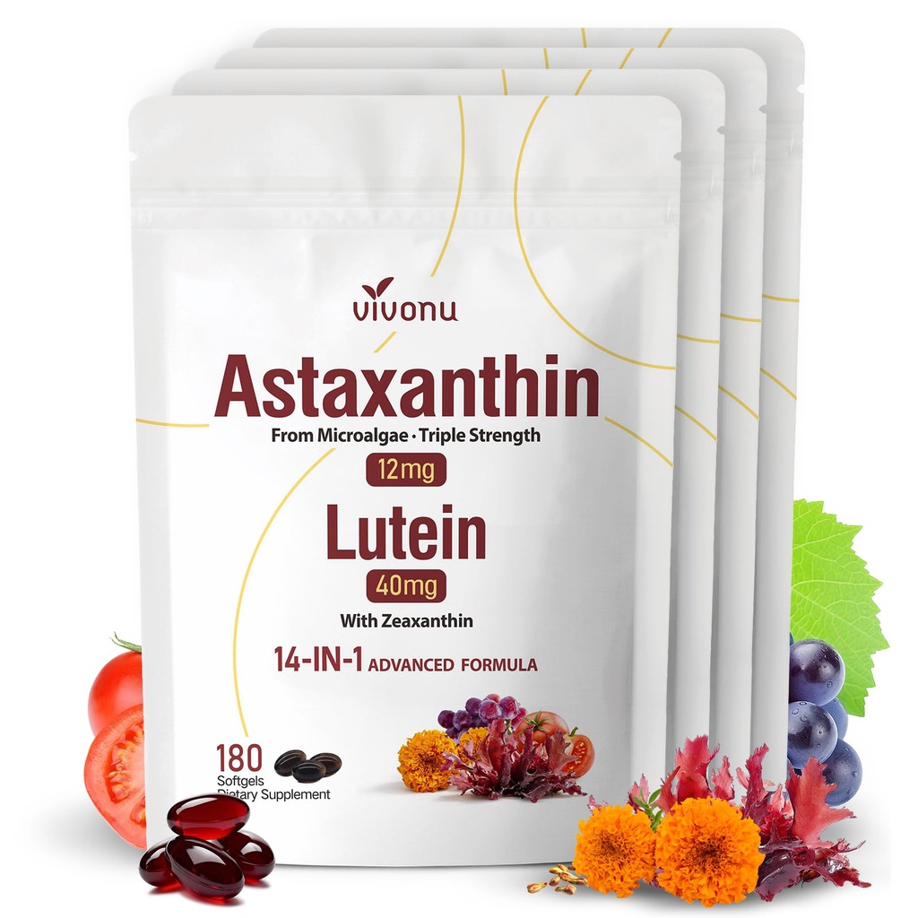 14-σε-1 Ασταξανθίνη 12mg & Lutein 40mg με Συμπληρώματα Ζεαξανθίνης, 24μηνη προσφορά, Φρέσκο μικροφύκη Πηγή, Υποστηρίζει τα μάτια, το δέρμα, Αντιοξειδωτικό, Κοινή, Κυκλοφορική Υγεία, Μη ΓΤΟ, Χωρίς Γλουτένη, 4 Τσάντα