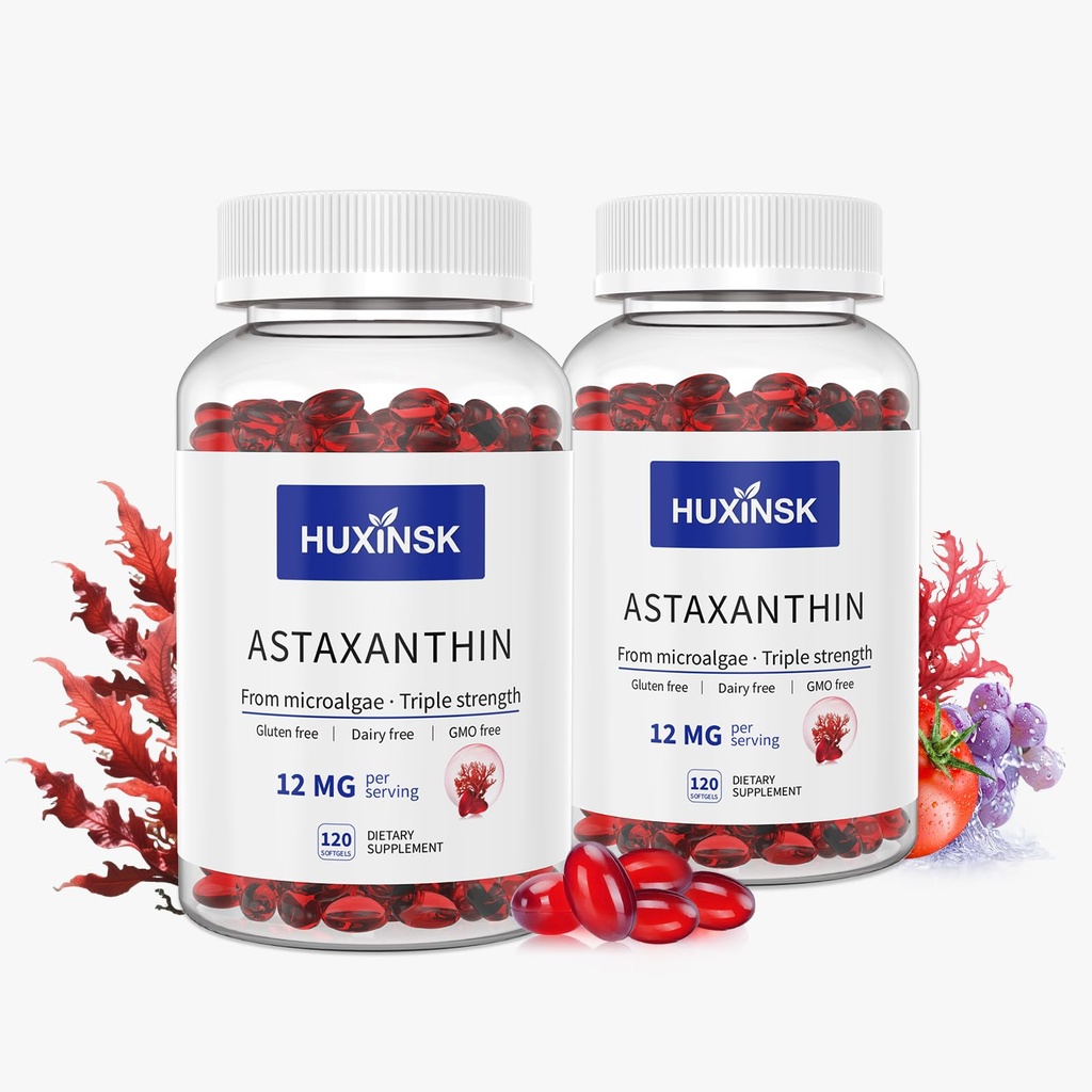 Ασταξανθίνη 12mg συμπληρώματα, 120 Softgel, Max Strength Ασταξανθίνη Αντιοξειδωτικά συμπληρώματα, φρέσκα μικροφύκη, 4 μήνες προσφοράς, 2 μπουκάλια