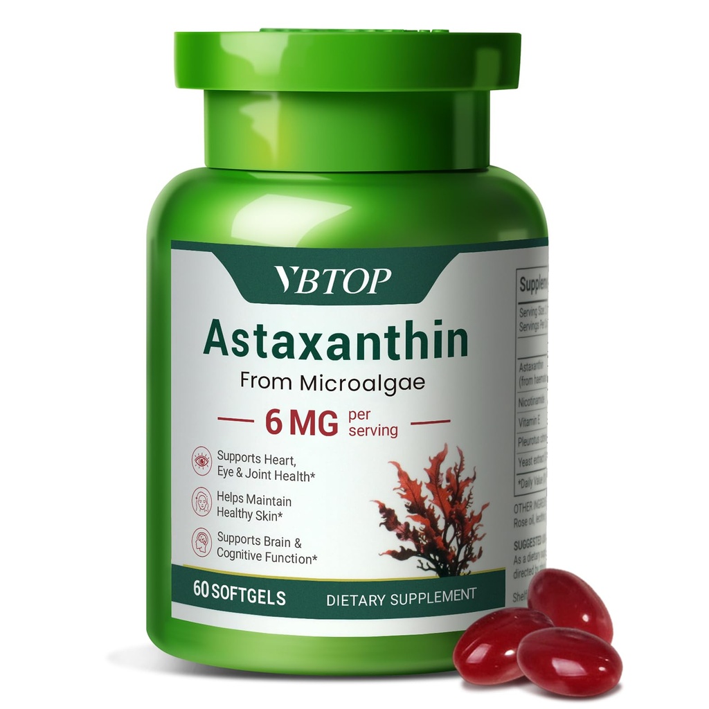 Ασταξανθίνη 6 mg, Premium συμπλήρωμα ασταξανθίνης με αντιοξειδωτική δράση, υποστηρίζει την υγεία των ματιών, του δέρματος, των αρθρώσεων και του ανοσοποιητικού συστήματος. Φρέσκα μικροφύκη Πηγή, Μη ΓΤΟ, Χωρίς γλουτένη - 60 softgels