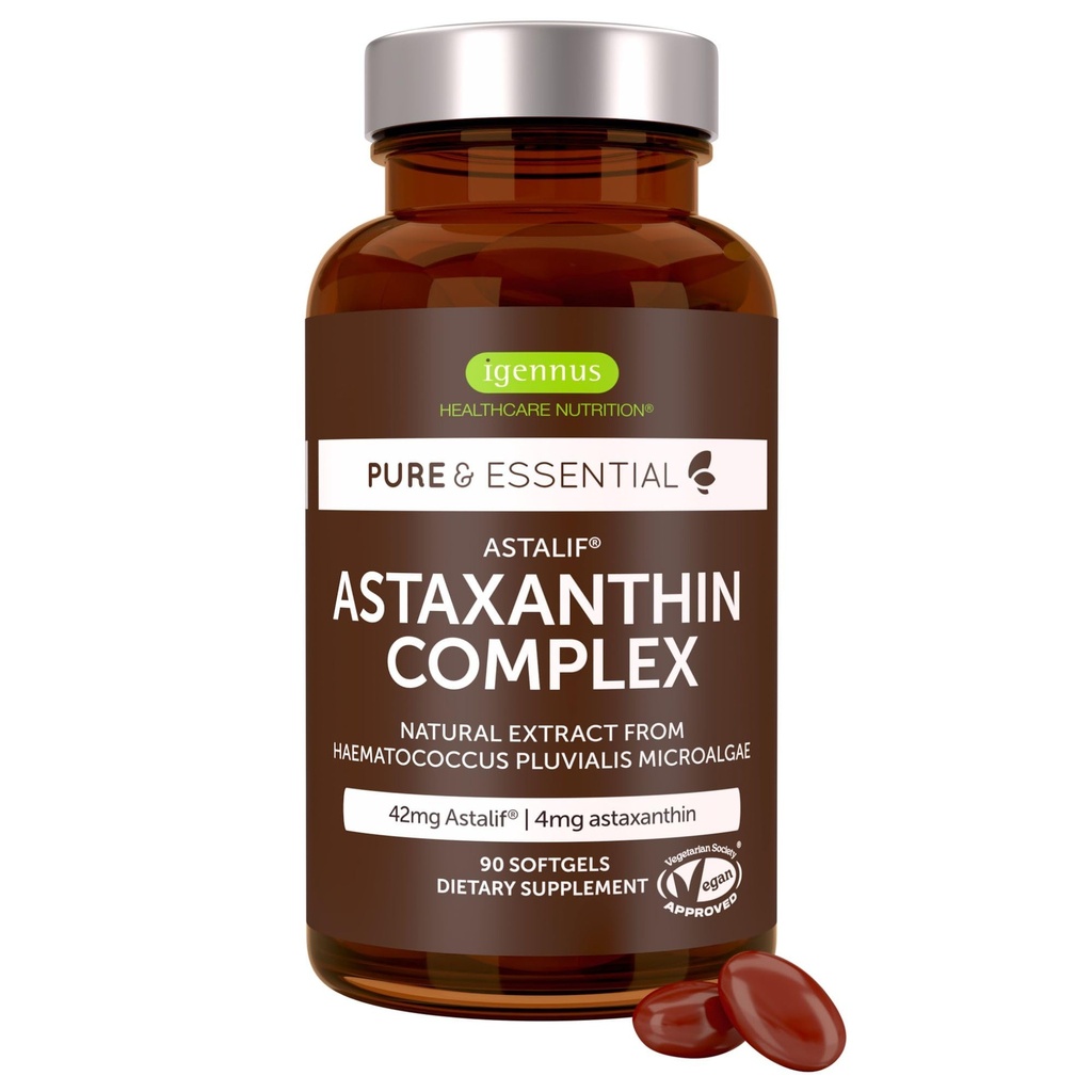 Igennus Vegan Astaxanthin 4mg Complex with Lutein and Zeaxanthin, 90 Small Softgels, from 42 mg Astapure, Natural Algae Antioxidant for Eyes, Skin & Joints, Non-GMO, H. Pluvialis