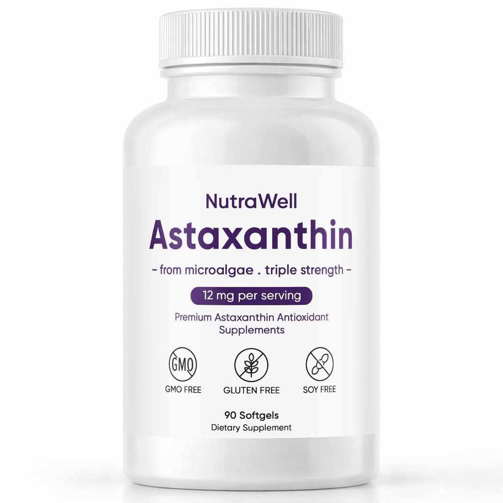 Nutrawell Astaxanthin - Καθημερινή Αντιοξειδωτική Ευεξία συμπλήρωμα με φυσικά πηγασμένη Ασταξανθίνη Καθαρή Φόρμουλα για Ενεργό Ενηλίκων Lifestyle Εύκολη Λήψη Καψακίων - 90 Softgels (1)