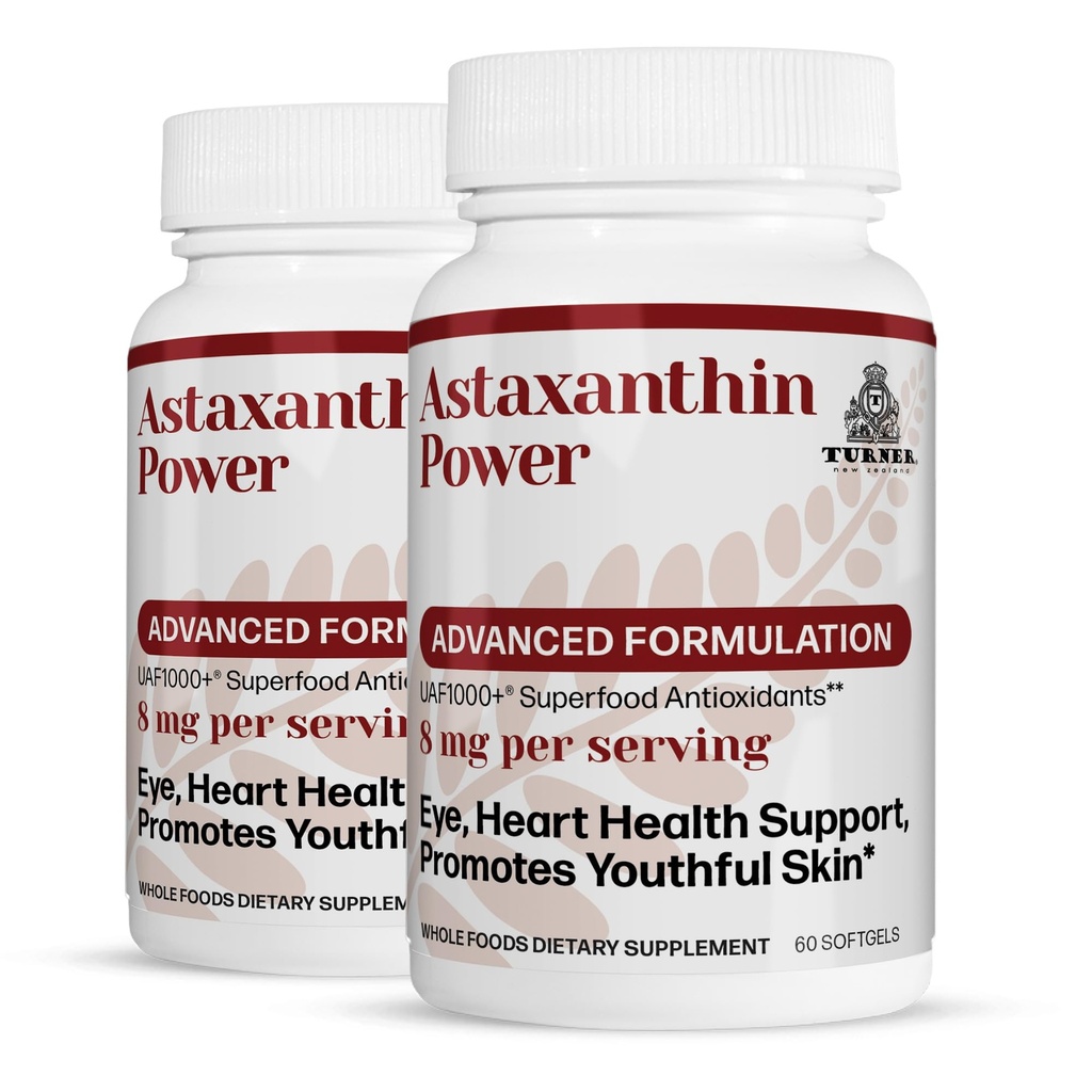 TURNER New Zealand Astaxanthin Power with UAF1000+, Antioxidant Supplement, 12mg Astaxanthin, 60 Servings, 2 Bottle