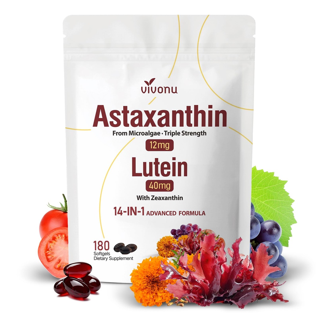 VivoNu Astaxanthin 12mg & Lutein 40mg Combo – Advanced Vision & Antioxidant Support with Zeaxanthin, Lycopene & Grape Seed – 180 Softgels, One Per Day