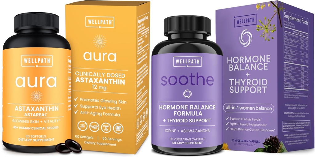 WellPath Astaxanthin 12mg – Φυσικό συμπλήρωμα ασταξανθίνης από τα μικροφύκη και Soothe ορμονική ισορροπία για τις γυναίκες + συμπληρώματα κορτιζόλης για τις γυναίκες 