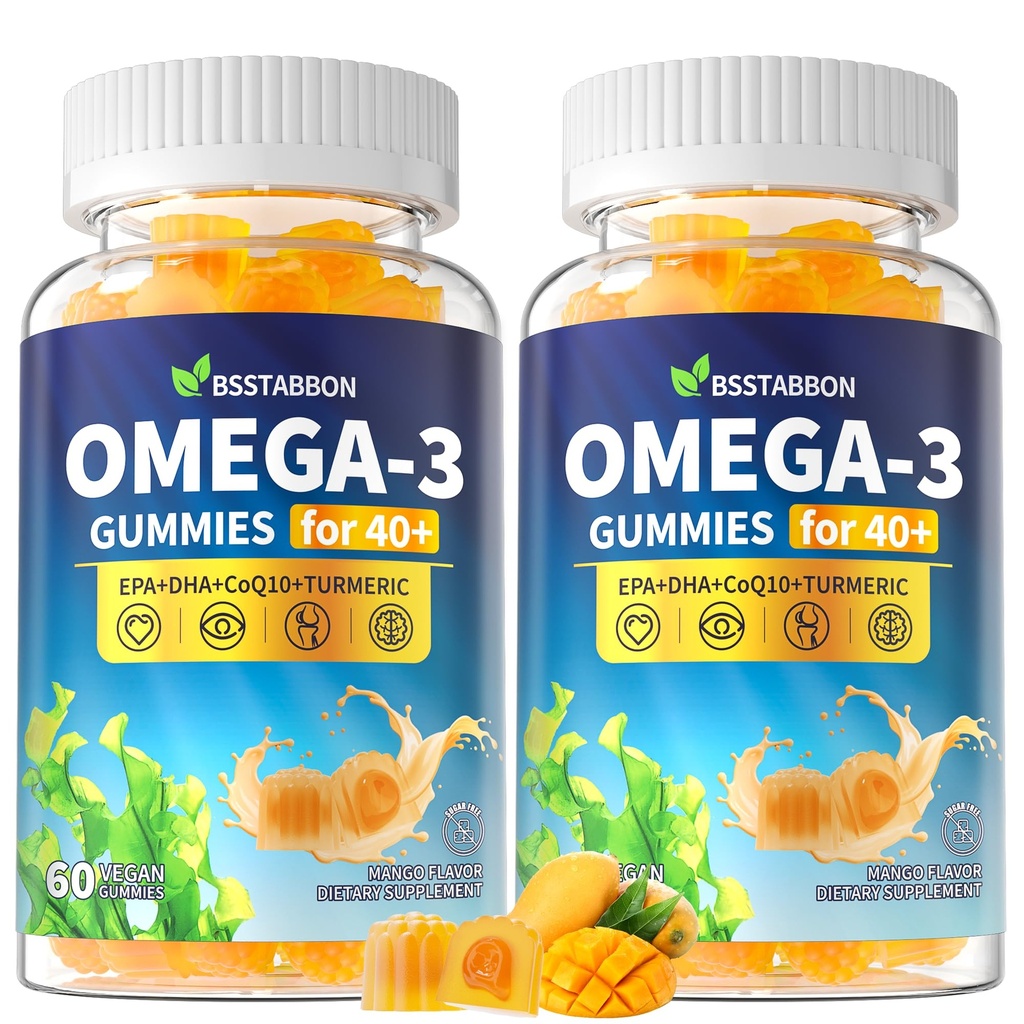 Omega-3 Gummies Supplement for Adults 40+: 1280mg Vegan Omega3 Fatty Acid DHA EPA with Vitamin D3 K2 Zinc Turmeric for Overall Health Support - Fish Oil Alternative for Women Men(120Count)