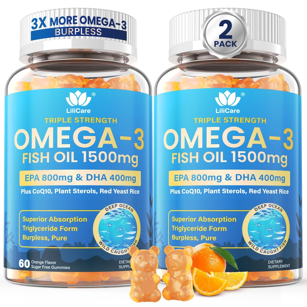 Fish Oil Omega 3 Gummies 1500mg για ενήλικες - τριπλή δύναμη με EPA & DHA, COQ10, Red Yeast Rice - Wild Capt Omega 3 λιπαρά οξέα συμπληρώματα για Hḙar-t & Brain - Χωρίς ζάχαρη, Burpless, 120 Count