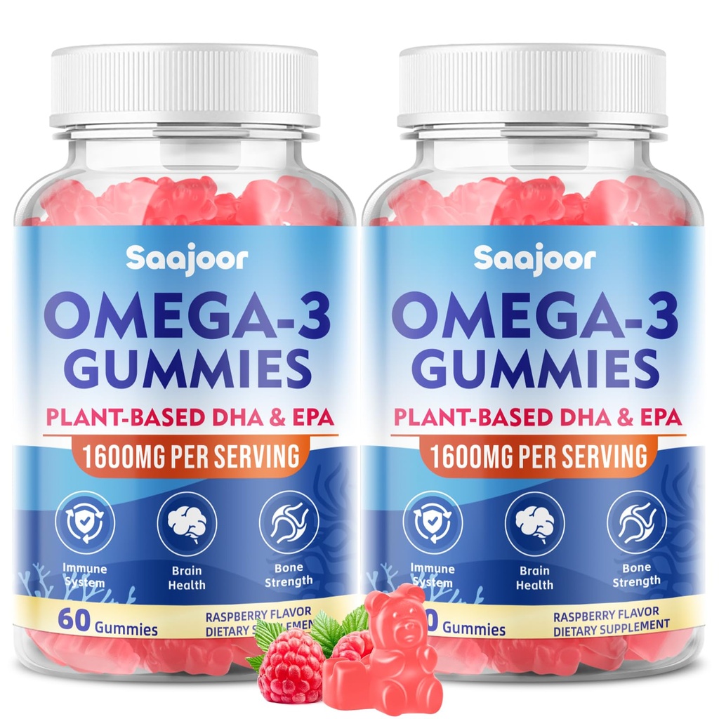 2 Συσκευασία Vegan Omega-3 Gummies1000mg για ενήλικες - Συμπλήρωμα χωρίς ζάχαρη με 400mg DHA & 600mg EPA, Βιταμίνες A, C, E, και ψευδάργυρο - 120 Count