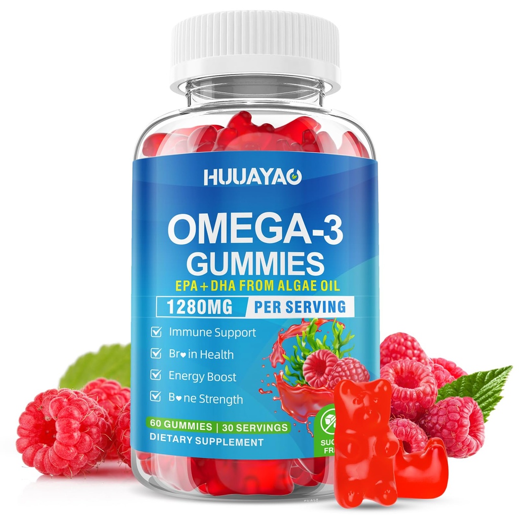 Vegan Omega-3 Gummies 1028mg, Omega 3 Fish Oil Εναλλακτική για ενήλικες w/EPA 400mg & DHA 600mg & Βιταμίνη A, C, E Υποστηρίζει τον εγκέφαλο, τα μάτια & ανοσοποιητικά υγεία, ζάχαρη δωρεάν, σμέουρο γεύση, 60 κόμης