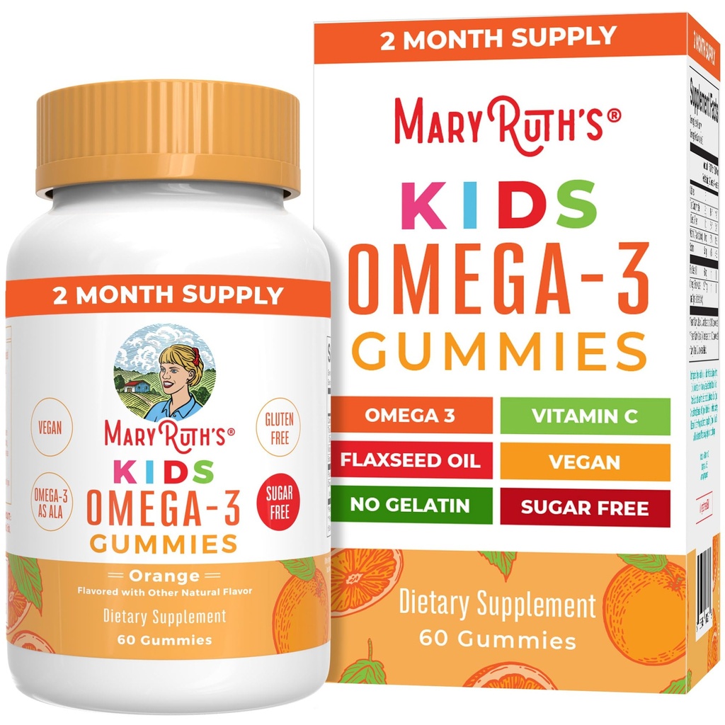 MARYRUTH'S Vegan Omega 3 Gummies for Kids 2+, 2 Μήνες προσφοράς, χωρίς ζάχαρη, Ωμέγα 3 συμπλήρωμα με βιταμίνη C, έλαιο λιναρόσπορου, ανοσοποιητική υποστήριξη, Essential Nutrient ALA, Χωρίς γεύση ψαριού, 60 Count