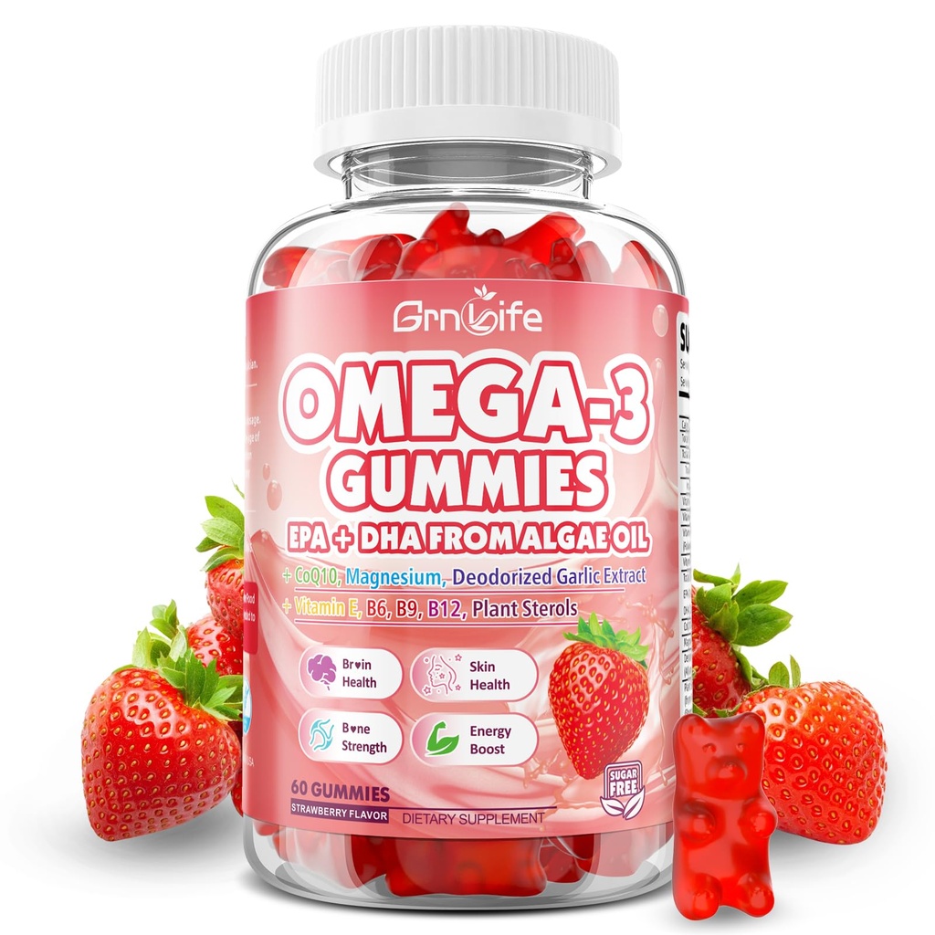 Vegan Omega 3 Gummies 1000mg + CoQ10 + Μαγνήσιο - w/Algae EPA 600mg & DHA 400mg, Fish Oil Omega-3 Συμπληρώματα Εναλλακτική για ενήλικες, για τον εγκέφαλο, το μάτι, την ανοσοποιητική υγεία, τη γεύση φράουλας, 60 Count