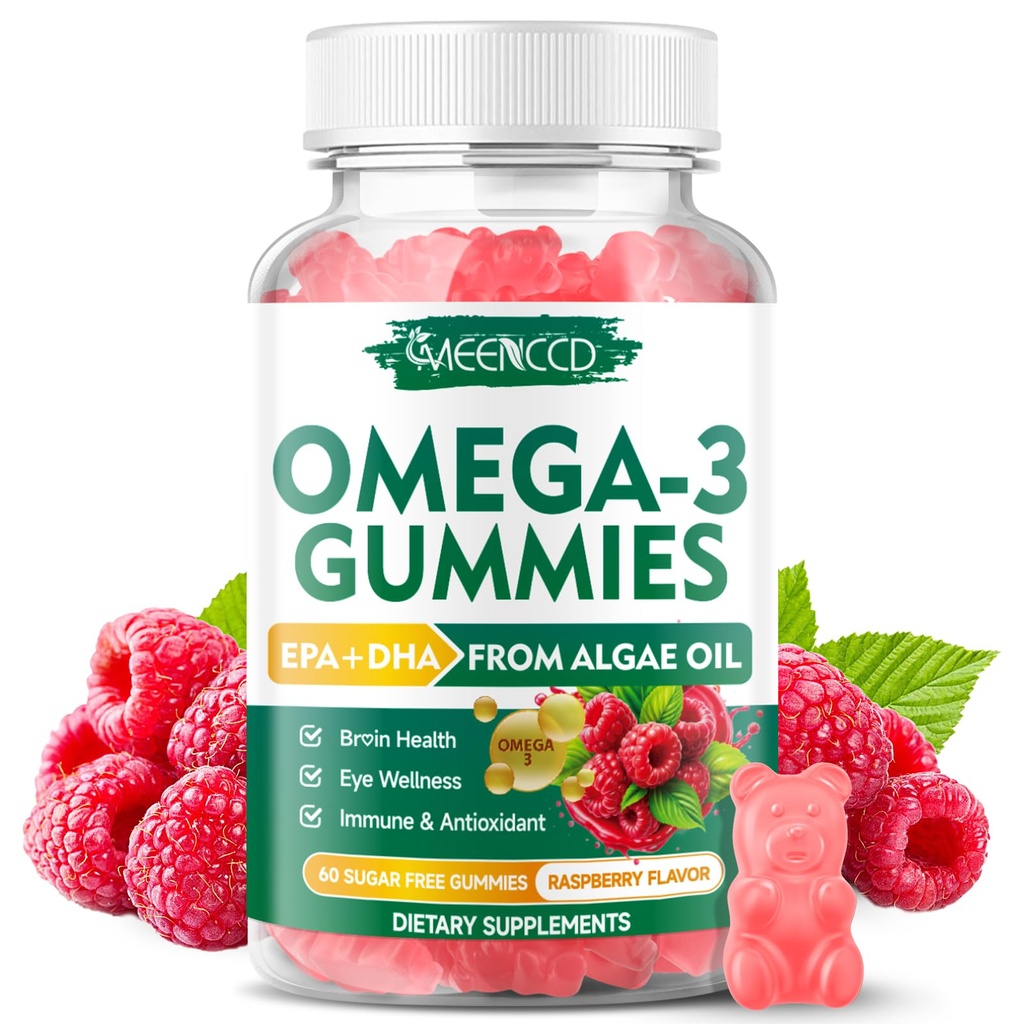 Vegan Omega-3 Gummies 1000mg, Omega 3 Fish Oil Εναλλακτική για ενήλικες, Algae-based DHA 600mg & EPA 300mg + Βιταμίνες A, C, E, Ψευδάργυρος, Υποστηρίζει τη συνολική ευεξία, Δεν γεύση ψαριών, 60 κόμης