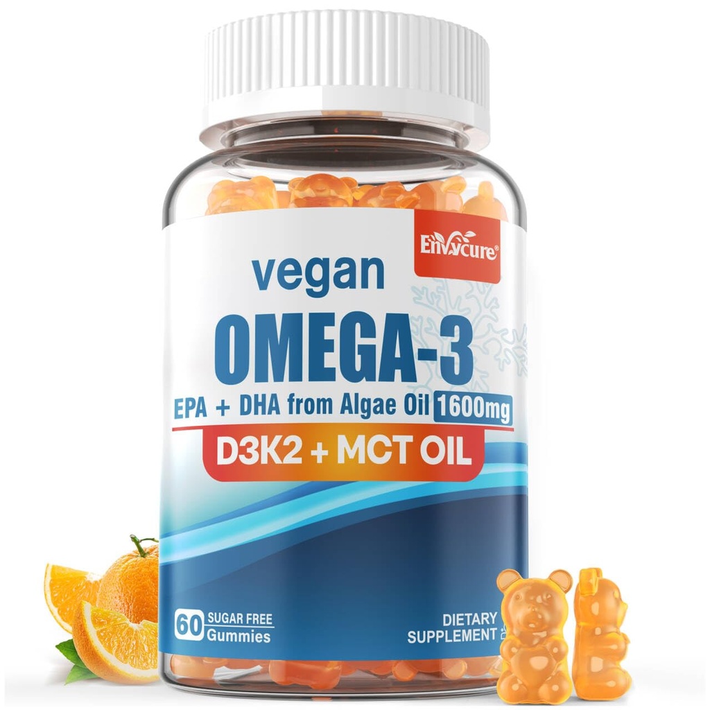 Vegan Omega 3 Gummies 1280mg + Βιταμίνη D3 K2 (MK7), Ωμέγα 3 Fish Oil Εναλλακτική για ενήλικες, w/Algae EPA 600mg & DHA 400mg, MCT Oil - Δεν Fish Taste - για τον εγκέφαλο, μάτι, ανοσοποιητική υγεία, ζάχαρη δωρεάν, 1 συσκευασία