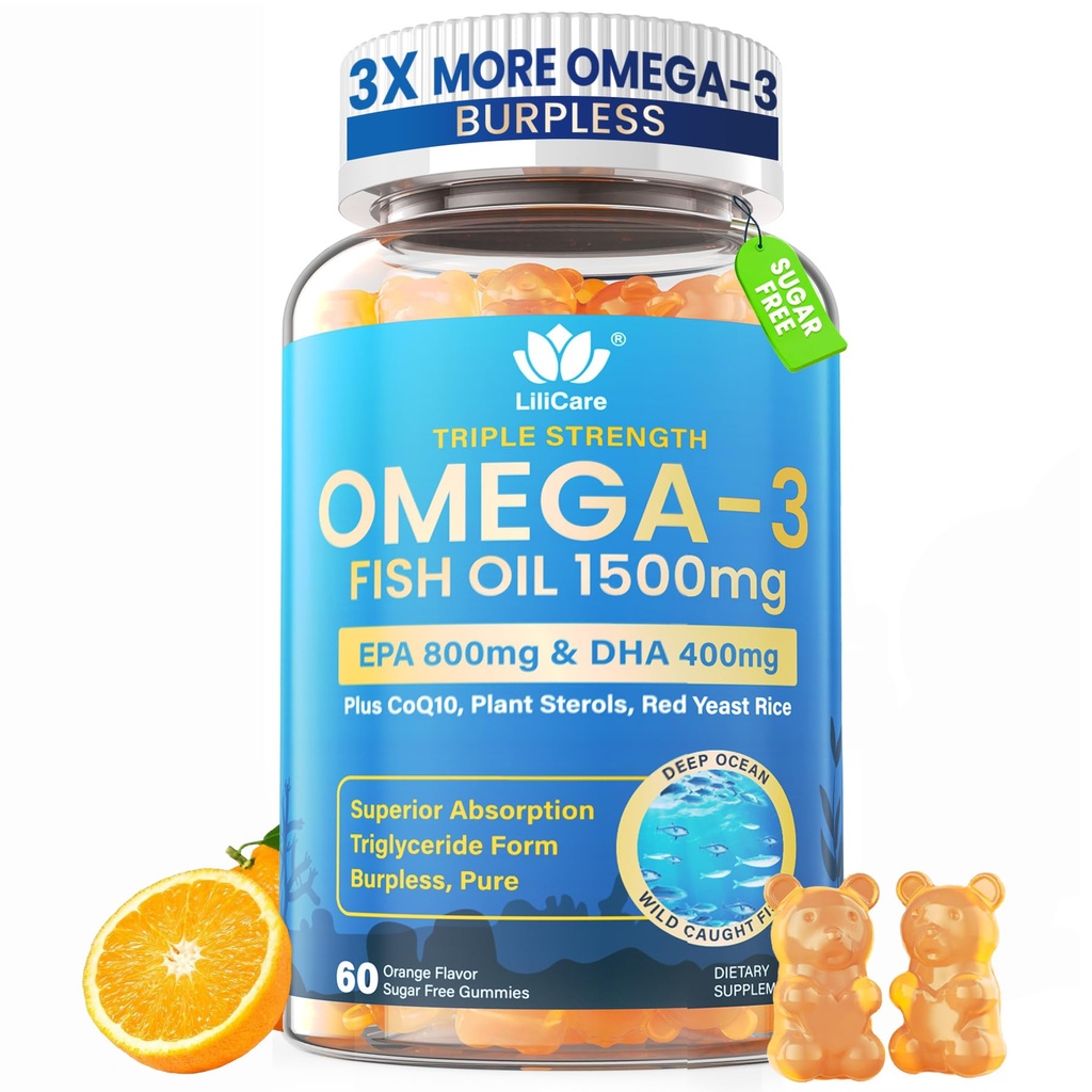 Fish Oil Omega 3 Gummies 1500mg για ενήλικες - τριπλή δύναμη με EPA & DHA, COQ10, Red Yeast Rice - Wild Capt Omega 3 λιπαρά οξέα συμπληρώματα για Hḙar-t & Brain - Χωρίς ζάχαρη, Burpless, 60 Count