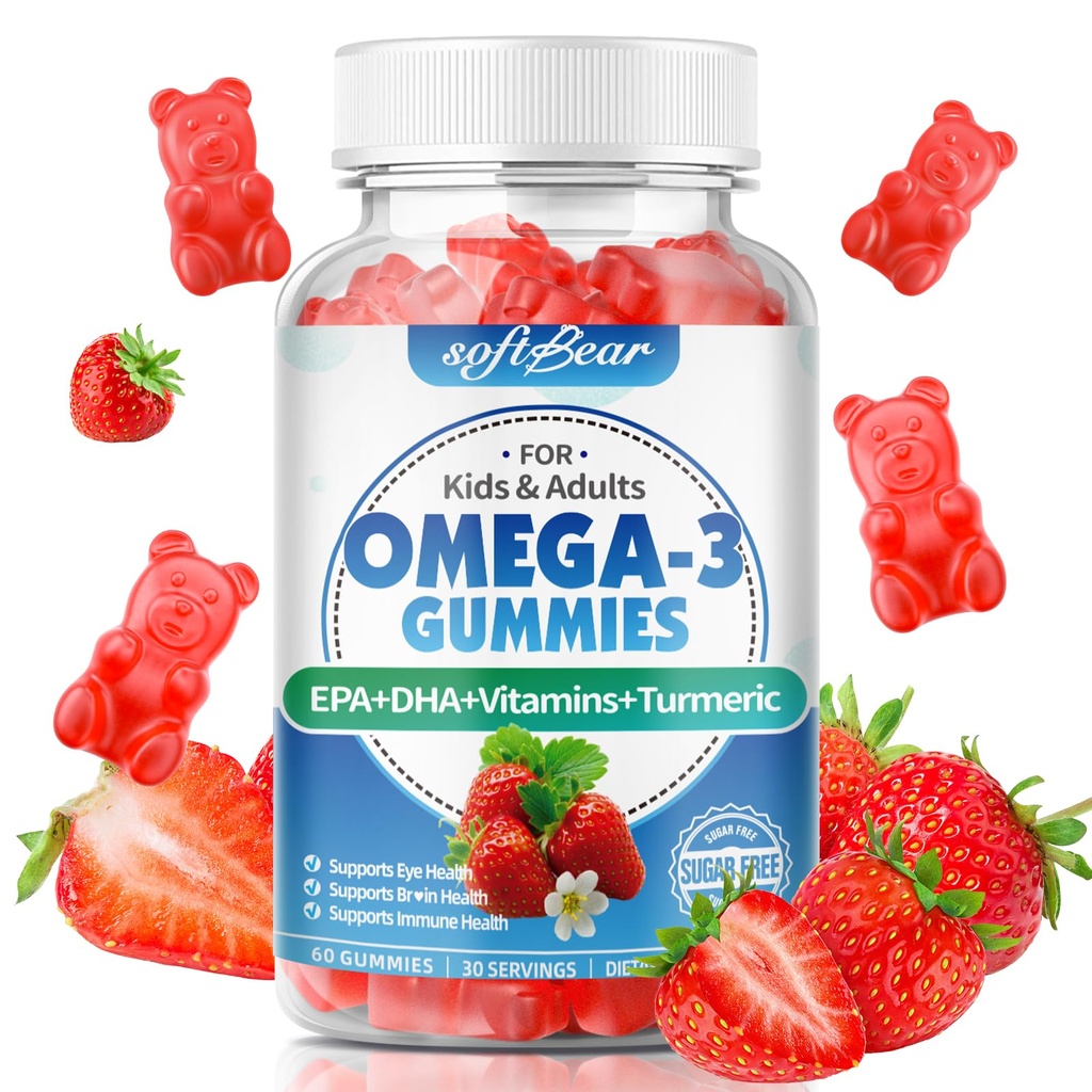 softbear Omega 3 Gummies for Women & Men & Kids Omega 3 Supplements 1200mg Vegan Omega 3 Fatty Acids DHA EPA with Vitamins Support Eye & Brain Health, Sugar Free, Strawberry Flavor 60 Count