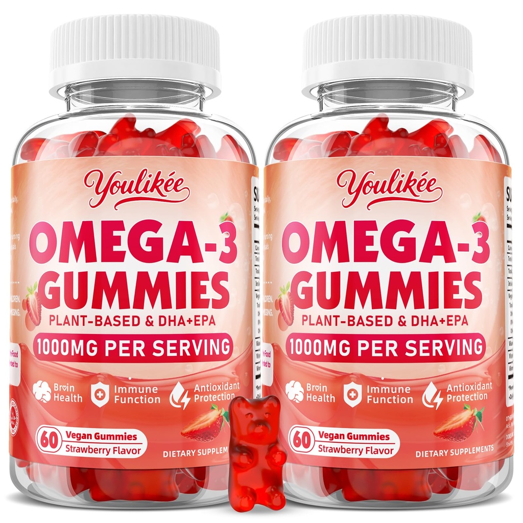 2 Πακέτο Vegan Omega-3 Gummies 1000mg, Omega 3 Fish Oil Εναλλακτική για ενήλικες, Plant Based DHA 460mg & EPA 230mg w/Vitamin A, C, E, Strawberry Flavor, 120 Count