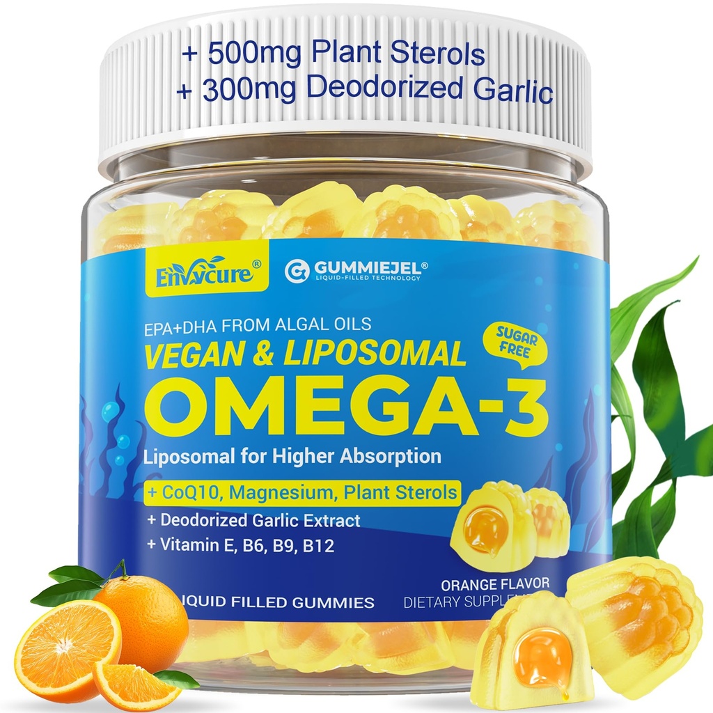 Vegan Omega-3 Gummies 1000mg +CoQ10+Magnesium- EPA 600mg & DHA 400mg, Fish Oil Omega 3 Συμπληρώματα Εναλλακτική για τις γυναίκες άνδρες Ενήλικες- Liposomal Form -Algae- Plant Sterols, Σκόρδο, B6,B9, B12, Χωρίς ζάχαρη