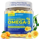 Vegan Omega-3 Gummies 1000mg +CoQ10+Magnesium- EPA 600mg & DHA 400mg, Fish Oil Omega 3 Supplements Alternative for Women Men Adults- Liposomal Form -Algae- Plant Sterols, Garlic,B6,B9, B12, Sugar Free