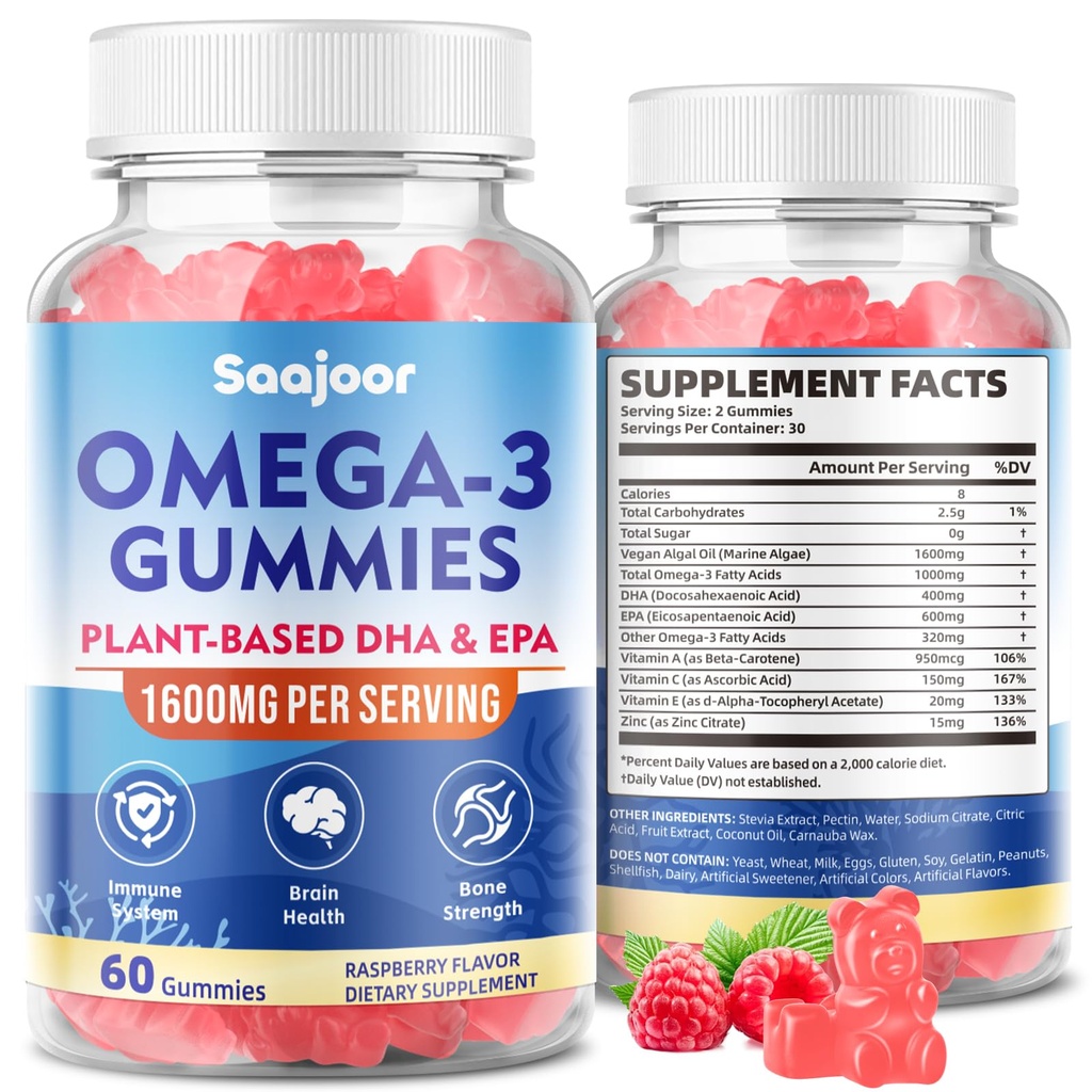 Vegan Omega-3 Gummies1000mg για Ενήλικες - Συμπλήρωμα χωρίς ζάχαρη με 400mg DHA & 600mg EPA, Βιταμίνες A, C, E, και ψευδάργυρο - 60 Count