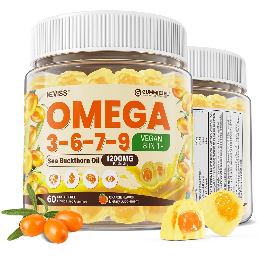 Ωμέγα 3-6-7-9 Gummies, Βιολογικό Λάδι Θαλάσσης Buckthorn 1200MG & Έλαιο λιναρόσπορου 500MG, Vegan Omega 7 Συμπλήρωμα w/Vitamin A, C, E, Λιπαρά Οξέα, Δεν Γεύση ψαριών, Υποστηρίζει το δέρμα, το μάτι, ανοσοποιητικό, Εγκεφαλική Υγεία, 60 Cts