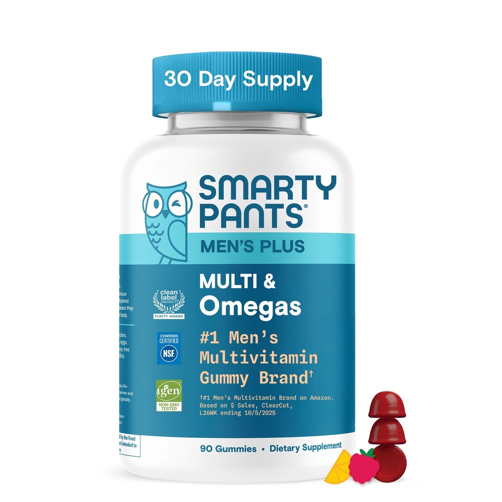 SmartyPants Men's Multivitamin Gummies with Omega 3 DHA/EPA, Methylfolate, Vitamin D3, C, B12, B6, A, K, Zinc, Raspberry Lemonade Flavor, 90 Count (30 Day Supply)
