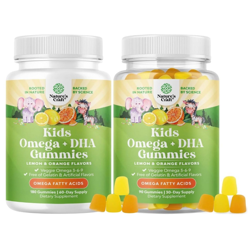 Πακέτο Omega DHA Gummies για τα παιδιά - Λιπαρά Οξέα Ωμέγα 3 6 9 με Βιταμίνη C για τον εγκέφαλο, την ανοσία & το όραμα - Διατροφικό DHA για το υγιές νευρικό σύστημα & υποστήριξη εστίασης - Χορτοφαγικά & Χωρίς γλουτένη