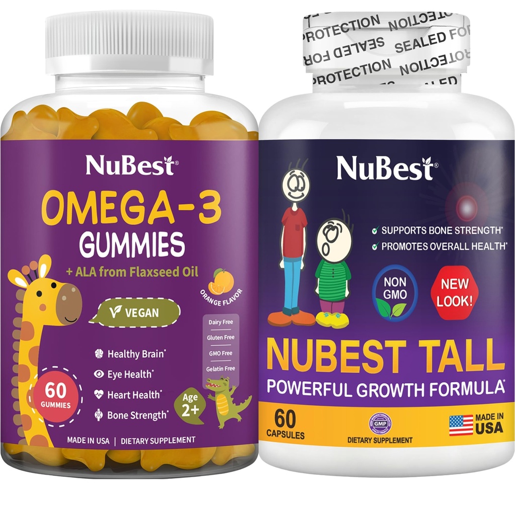 NuBest Bundle Bone Growth - Brain Growth: Omega 3 Gummies Tall New Look for Kids & Teens with Calcium, Collagen, Herbs, Omega 3 Flaxseed Oil