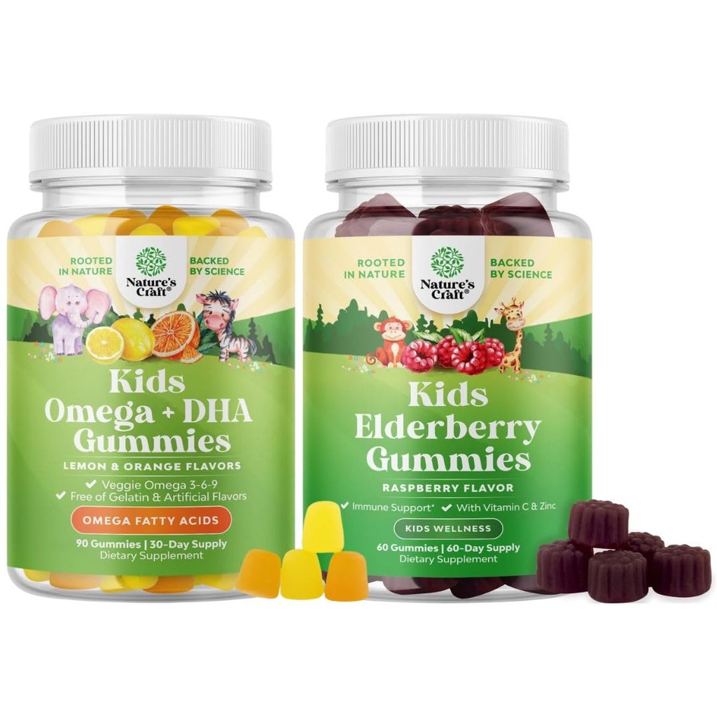 Πακέτο Παίδων DHA Omega 3 Gummies - Fish Free with Vegetarian 6 9 for Vision Brain & Immunity and Sambucus Elderberry Gummies for Kids - Black Elderberry with Zinc & Vitamin C for Immune Support