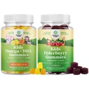 Πακέτο Παίδων DHA Omega 3 Gummies - Fish Free with Vegetarian 6 9 for Vision Brain & Immunity and Sambucus Elderberry Gummies for Kids - Black Elderberry with Zinc & Vitamin C for Immune Support