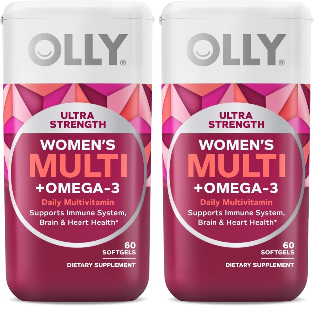 OLLY Ultra Women's Multi Softgels,Overall Health and Immune Support,Omega-3s,Iron,Vitamins A,D,C,E,B12,Daily Multivitamin,30 Day Supply -,60 Count (Pack of 2)