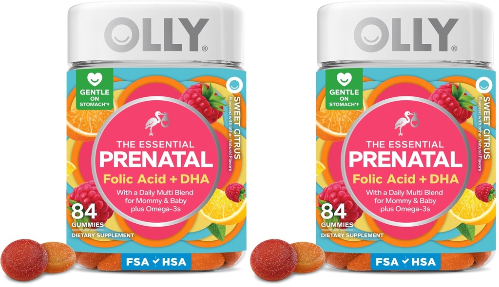 OLLY Essential Προγεννητική Gummy πολυβιταμίνη, Folic Acid, Βιταμίνη D,Omega 3 DHA,Supports Υγιεινή ανάπτυξη και ανάπτυξη του εγκεφάλου, Citrus Berry -,84 Count (Pack of 2)